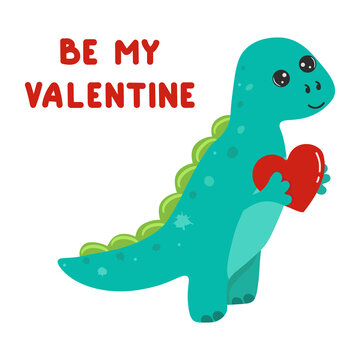 Illustration of cute cartoon dinosaur with heart. Happy Valentines day. Be my valentine. Cute little dinosaur.
