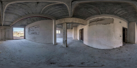 360 hdri panorama in abandoned interior of large empty room as warehouse or hangar ramp in seamless...