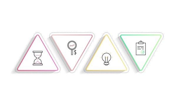 Video minimal line infographics with triangles and icons. Business animation 4 steps by step, options, labels. Timeline with four ways for chart, diagram, flowchart