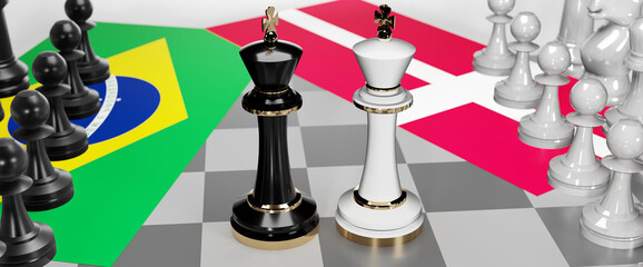 Brazil and Denmark - talks, debate, dialog or a confrontation between those two countries shown as two chess kings with flags that symbolize art of meetings and negotiations, 3d illustration