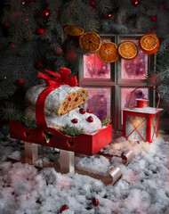 Christmas Stollen. Traditional Sweet Fruit bread with powdered sugar. Christmas gift rides a sled in the snow - 469973751