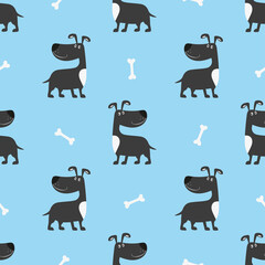 Seamless cute dog pattern. Vector animal background with puppy and bones.	