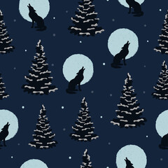 Seamless wolf and moon pattern. Halloween night forest vector illustration