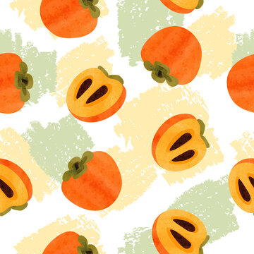 Seamless persimmon fruit pattern. Exotic fruit watercolor vector illustration.