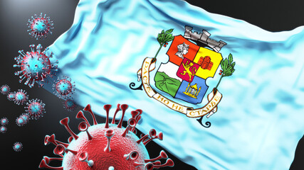 BG Sofia and covid pandemic - virus attacking a city flag of BG Sofia as a symbol of a fight and struggle with the virus pandemic in this city, 3d illustration