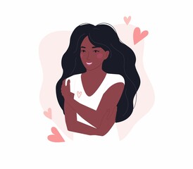 Love yourself concept with black girl hugging herself. Flat style vector illustration. Trendy design for self love, mental health, self care, Women'day, body positive, healthcare concept.