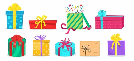 Various gift box set. Cartoon colored gift boxes with ribbons and ornaments isolated on white background. Flat style presents icon set for business, Birthday, banner, logo etc. Vector illustration.