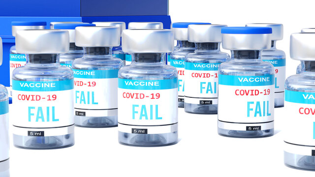 Covid Fail - Vaccine Bottles With An English Label Fail That Symbolize A Big Human Achievement That May End The Fight With The Coronavirus Pandemic, 3d Illustration