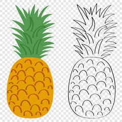 Pineapple  - sweet yellow fruit, flat cartoon illustration, childrens coloring book on transparent background. Icon and emblem for web design of packaging for vegetarian food.