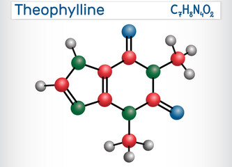 Theophylline or 1,3-dimethylxanthine molecule. It is purine alkaloid, dimethylxanthine, xanthine derivative. Vasodilator, bronchodilator, asthmatic, antiinflammatory drug. Molecule model.