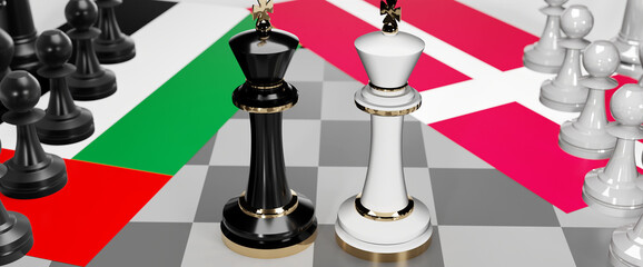 United Arab Emirates and Denmark - talks, debate or dialog between those two countries shown as two chess kings with national flags that symbolize subtle art of diplomacy, 3d illustration