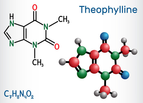 Theophylline or 1,3-dimethylxanthine molecule. It is purine alkaloid, dimethylxanthine, xanthine derivative. Vasodilator,  antiinflammatory drug. Structural formula, molecule model