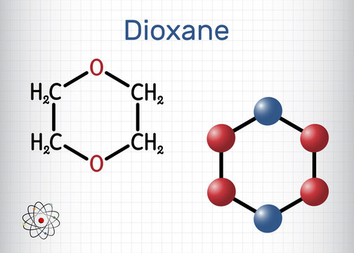 Dioxane (1,4-Dioxane) molecule. It is used primarily as a solvent in the manufacture of chemicals. Structural chemical formula and molecule model.  Sheet of paper in a cage