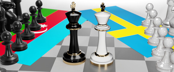 Azerbaijan and Sweden - talks, debate, dialog or a confrontation between those two countries shown as two chess kings with flags that symbolize art of meetings and negotiations, 3d illustration