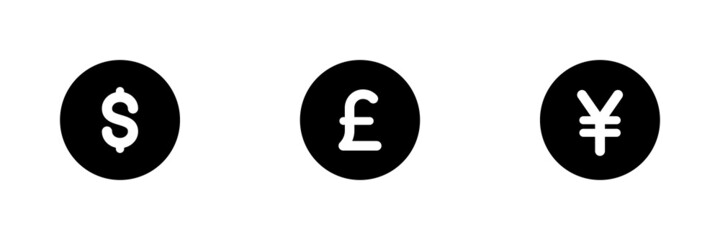 Set of 3 currency symbols. Dollar. pound and Yen icons.