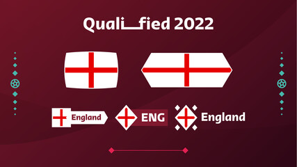 Set of england flag and text on 2022 football tournament background. Vector illustration Football Pattern for banner, card, website. national flag england qatar 2022, world cup  - obrazy, fototapety, plakaty