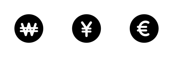 Set of 3 currency symbols.Won, Yen and Euro icons.