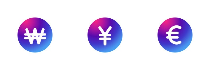 Obraz premium Set of 3 currency symbols with purple gradient effect. Won, Yen and Euro icons.
