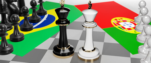 Brazil and Portugal - talks, debate, dialog or a confrontation between those two countries shown as two chess kings with flags that symbolize art of meetings and negotiations, 3d illustration