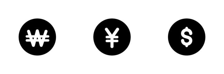 Set of 3 currency symbols.Won, Yen and Dollar icons.