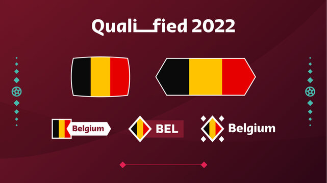 Set Of Belgium Flag And Text On 2022 Football Tournament Background. Vector Illustration Football Pattern For Banner, Card, Website. National Flag Belgium Qatar 2022, World Cup 