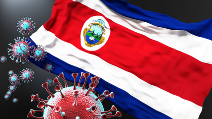 Costa Rica and the covid pandemic - corona virus attacking national flag of Costa Rica to symbolize the fight, struggle and the virus presence in this country, 3d illustration