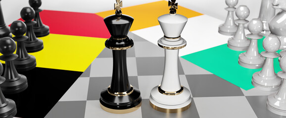 Belgium and Ireland - talks, debate, dialog or a confrontation between those two countries shown as two chess kings with flags that symbolize art of meetings and negotiations, 3d illustration