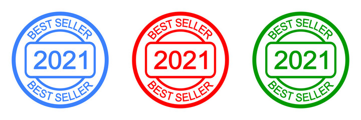Best seller 2021 stamp. Set of round logo. Label or seal. Product quality. Bestseller cachet. Round print. Top seller. Red, blue and green.