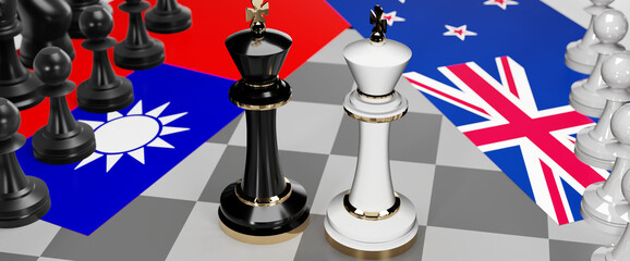 Taiwan and New Zealand - talks, debate, dialog or a confrontation between those two countries shown as two chess kings with flags that symbolize art of meetings and negotiations, 3d illustration