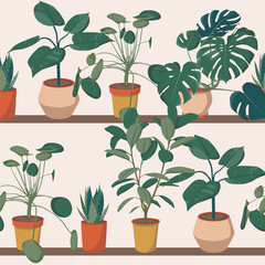 Pattern of different houseplants on shelf. Ficus, monstera, succulent, pilea in various pot, vase. Scandinavian cozy home decor. Flat vector cartoon print pattern illustration