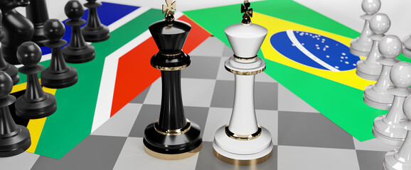 South Africa and Brazil - talks, debate, dialog or a confrontation between those two countries shown as two chess kings with flags that symbolize art of meetings and negotiations, 3d illustration