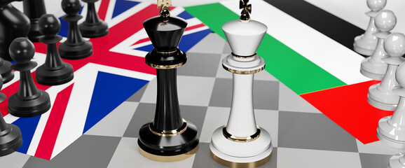 UK England and United Arab Emirates - talks, debate or dialog between those two countries shown as two chess kings with national flags that symbolize subtle art of diplomacy, 3d illustration