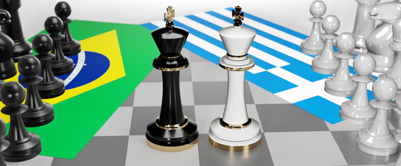 Brazil and Greece - talks, debate, dialog or a confrontation between those two countries shown as two chess kings with flags that symbolize art of meetings and negotiations, 3d illustration