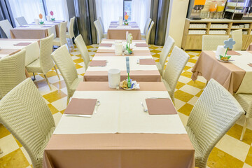 Interior of a hotel restaurant, breakfast room.