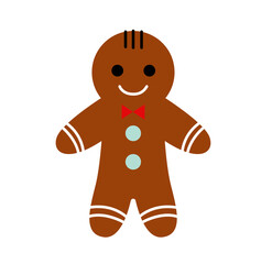 Colorful Christmas Sticker. Smiling gingerbread in shape of man. Delicious New Year sweets. Gift packaging design element. Cartoon modern flat vector illustration isolated on white background