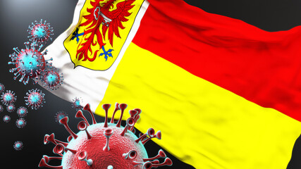 Apeldoorn and covid pandemic - virus attacking a city flag of Apeldoorn as a symbol of a fight and struggle with the virus pandemic in this city, 3d illustration