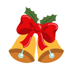 Colorful Christmas Sticker. Jingle bells with red bow and green leaves. Symbol of winter holidays. Design element for greeting cards. Cartoon flat vector illustration isolated on white background