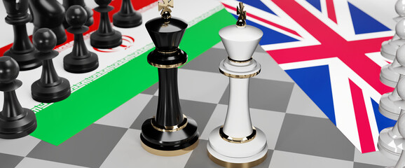 Iran and UK England - talks, debate, dialog or a confrontation between those two countries shown as two chess kings with flags that symbolize art of meetings and negotiations, 3d illustration