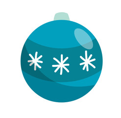 Fototapeta premium Colorful Christmas Sticker. Blue Christmas tree toy with snowflakes. Decoration for New Year holidays. Gift packaging design element. Cartoon flat vector illustration isolated on white background