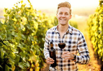 Portrait of a young, millennial vintner holding a glass and a bottle of organic bio red wine...