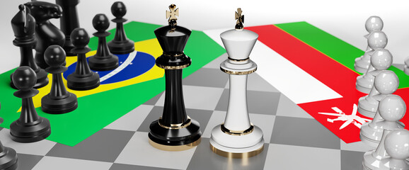 Brazil and Oman - talks, debate, dialog or a confrontation between those two countries shown as two chess kings with flags that symbolize art of meetings and negotiations, 3d illustration