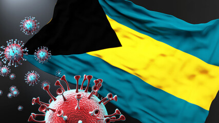 Bahamas and the covid pandemic - corona virus attacking national flag of Bahamas to symbolize the fight, struggle and the virus presence in this country, 3d illustration