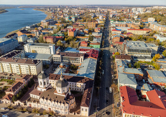 Modern city in Russia from aerial view. Tomsk, Siberia
