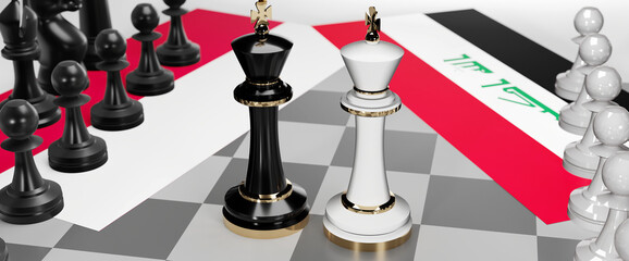 Poland and Iraq - talks, debate, dialog or a confrontation between those two countries shown as two chess kings with flags that symbolize art of meetings and negotiations, 3d illustration