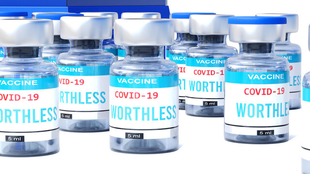 Covid worthless - vaccine bottles with an English label Worthless that symbolize a big human achievement that may end the fight with the coronavirus pandemic, 3d illustration