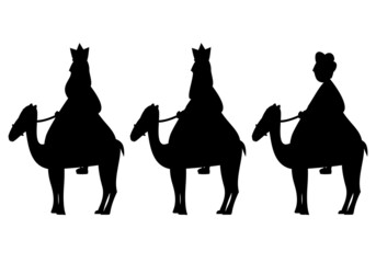 Silueta negra de los Tres Reyes Magos montados en los camellos sobre fondo blanco - obrazy, fototapety, plakaty