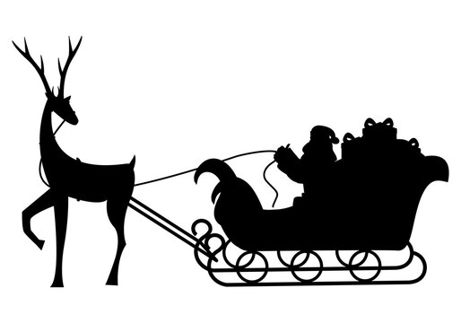 Silueta negra de Papá Noel o Santa Claus montado en el trineo tirado del reno sobre fondo blanco