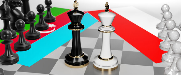 Azerbaijan and Indonesia - talks, debate, dialog or a confrontation between those two countries shown as two chess kings with flags that symbolize art of meetings and negotiations, 3d illustration