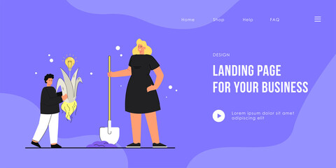 Mother and son planting creative idea. Flat vector illustration. Woman with shovel helping little boy with bedding out plant with yellow bulb. Creativity, parenthood, care, help, idea, talent concept