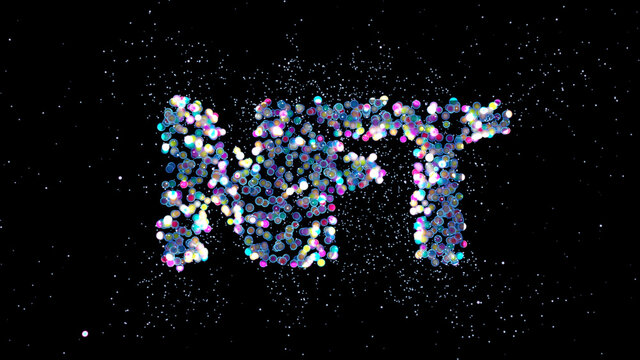 COnceptual illustration with NFT letters made of tiny glowing spheres